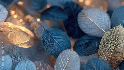 Abstract, decorative leaves in gold, blue, and gray