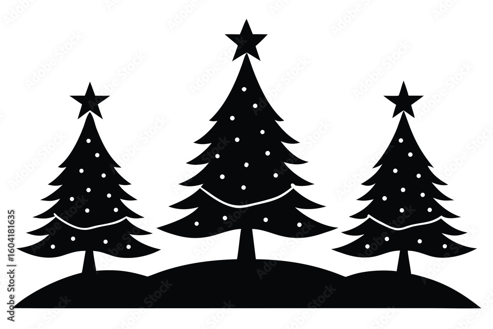 Obraz premium Black and White Silhouette of Three Christmas Trees with Stars and Ornaments