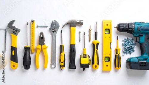 Assorted construction tools laid out