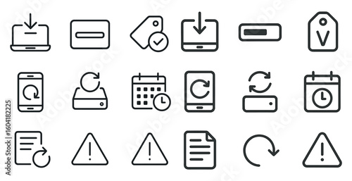 Data transfer and synchronization outline icons set – line, cycle, refresh symbols