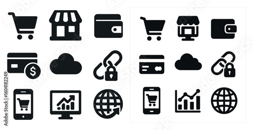E-commerce and shopping solid icons set – flat, filled, retail and online store graphics
