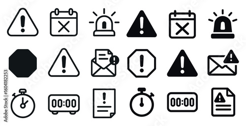 Warning and alert icons set – flat, solid, caution and emergency symbols