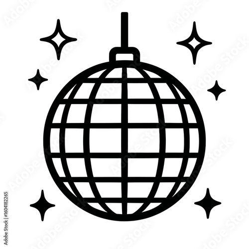Disco Ball Party Icon - Black and White Vector for Celebration, Music, and Nightlife Events.