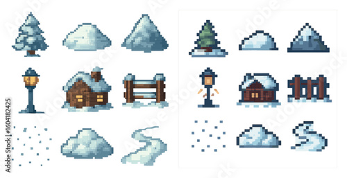 Winter and christmas pixel art icons set – holiday, festive, seasonal graphics