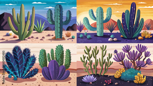 Desert cactus garden set banner with various succulents, sandy soil, and warm tones vector perfect for themes of arid landscapes, drought-tolerant plants, and minimalism