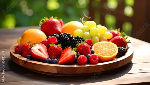 Assorted fresh fruits on a wooden platter