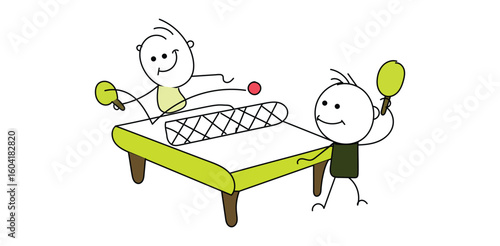 Stick figures playing table tennis game showing teamwork fun physical activity and competition concept in doodle cartoon sketch
