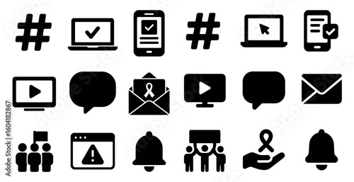 Digital communication solid icons set – filled, tech symbols for messaging and alerts