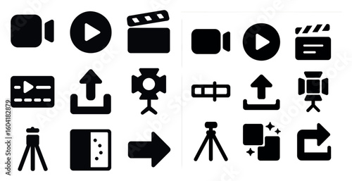 Video production solid icons set – flat, filled, film and editing design elements