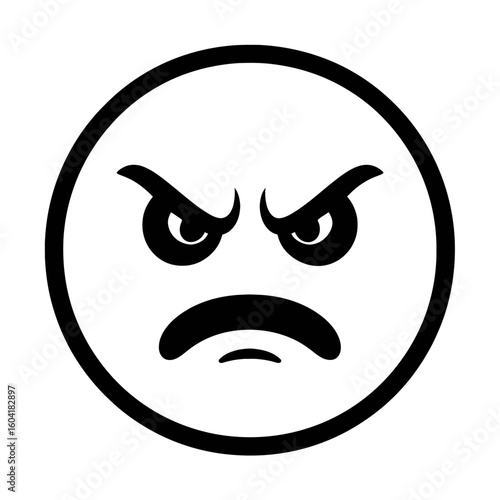 Angry Face Emoji Vector Icon - Black and White Illustration of a Frowning Emoticon for Negative Emotions.