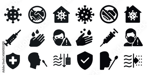 Healthcare and safety solid icons set – silhouette, filled, health and pandemic symbols