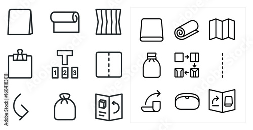 Packing and organizing line icons set – flat, filled, travel and storage symbols