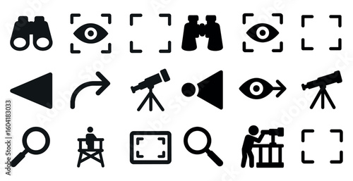 Surveillance and observation solid icons set – equipment, monitoring, security symbols