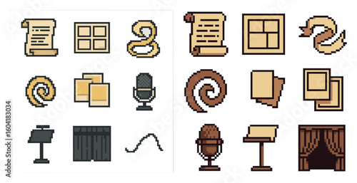Theater and performance pixel art icons set – drama, stage, entertainment graphics