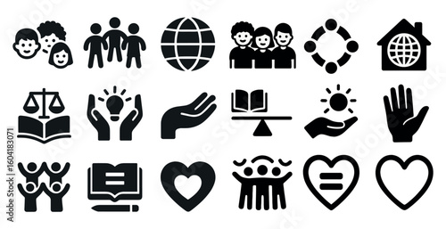 Community and cooperation solid icons set – silhouette, filled, teamwork symbols