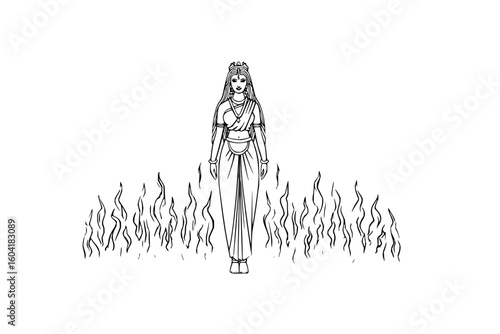 Person meditating on a platform with mountains in the background in black and white minimalist style art