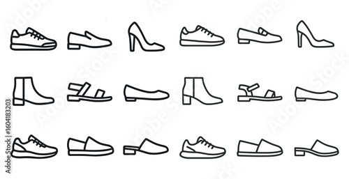 Shoes and footwear linear icons set – outline, flat, fashion and apparel symbols