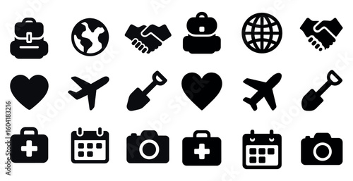Travel and tourism filled icons set – solid, vacation, and planning symbols