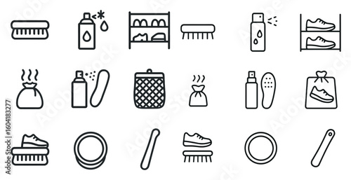 Shoe care line icons set – outline, footwear, cleaning products symbols
