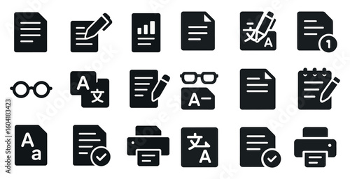 Language and writing solid icons set – filled, translation and document symbols