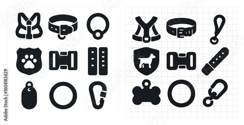 Pet accessories solid icons set – filled, silhouette, animal care graphics