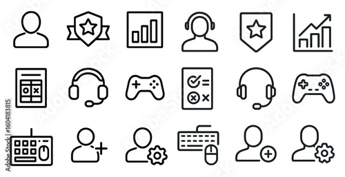 Gaming and streaming line icons set – linear, outline, esports and headset symbols