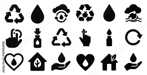 Recycling and sustainability solid icons set – eco, environment, green symbols