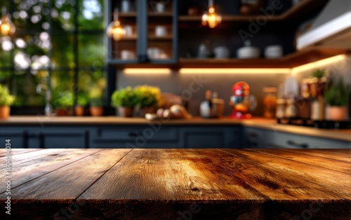 A warm, inviting kitchen scene with a rustic wooden table in the foreground, surrounded by modern cabinetry, greenery, and ambient lighting that creates a homely atmosphere.