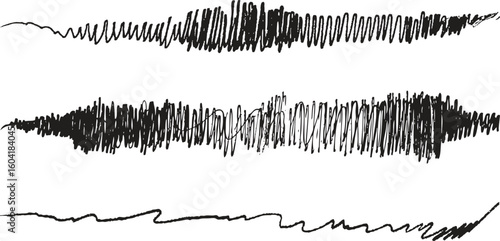 Set of 3 abstract black sketch soundwave lines, hand-drawn with chaotic textured strokes. Artistic noise waveform style for audio design. Isolated grunge scribble illustrations.