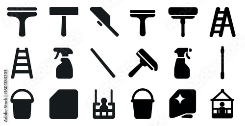 Cleaning tools silhouette icons set – solid, housekeeping, janitorial symbols