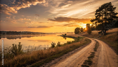 Golden Sunrise over Serene Lake: A breathtaking sunrise bathes a serene lake and winding dirt road in a warm golden hue, the sky painted with gentle clouds, evoking peace and tranquility.