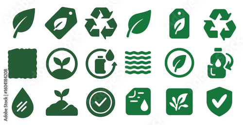 Eco-friendly symbols solid icons set – recycling, sustainability, green concepts