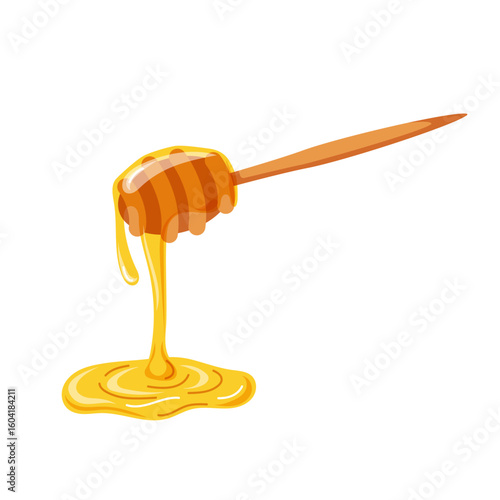 Wooden honey dipper with thick golden honey dripping in cartoon isolated on white background. Perfect for food themes sweet design and traditional holiday concept.