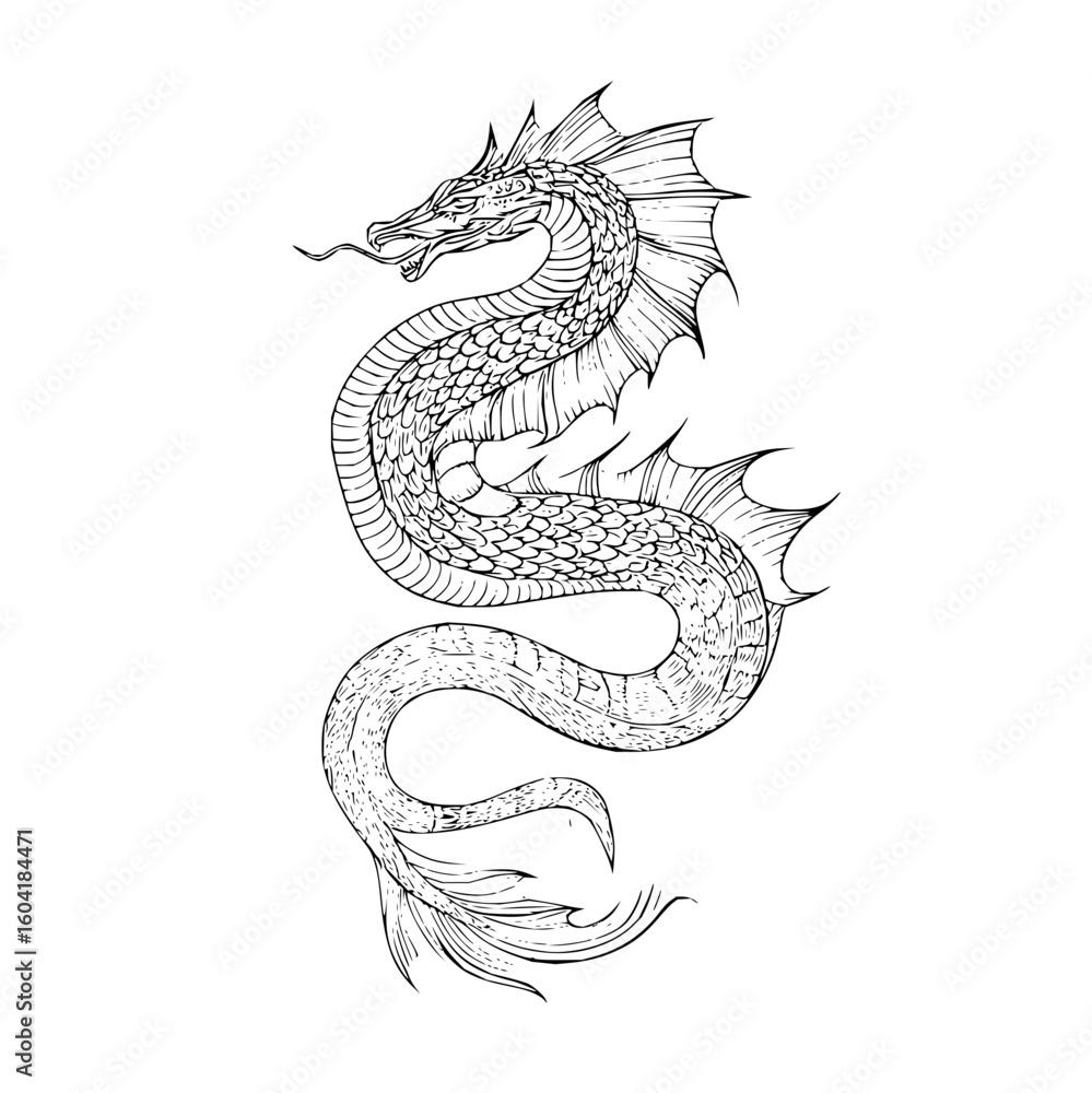 Obraz premium Detailed line art illustration of a serpentine dragon with fins and scales on a white background drawn style