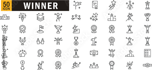 Winner outline icon set. Trophy, medal, podium, victory, goal, champion, flag, ranking, and success icons.
