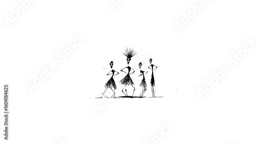 Four stylized figures in black and white with headdress and fringed skirts in a tribal dance formation