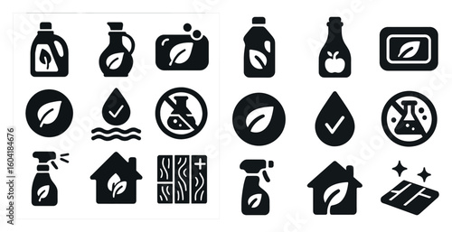 Eco-friendly cleaning silhouette icons set – green, organic, sustainable symbols
