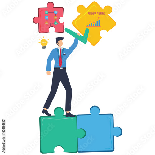 Assembling market strategies, comprehensive data analysis, collaborative problem-solving, insightful decision-making concept vector illustration. Business analysts building puzzle with charts stock il