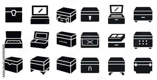 Security and storage solid icons set – silhouette, lock, safe and vault symbols