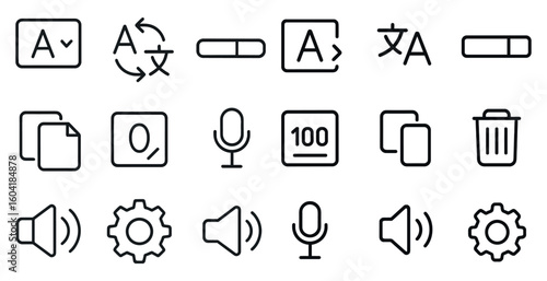 Language translation outline icons set – linear, communication, speech symbols