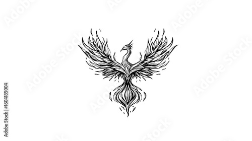 Illustration of a phoenix with detailed feathers and a stylized body in black and white design style