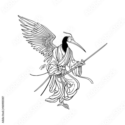 Illustration of a crane humanoid figure with wings wearing a robe and holding two swords in black and white