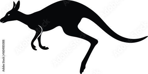 Black Kangaroo Silhouette Hopping Against White Background, Illustrating Wildlife and Australian Fauna