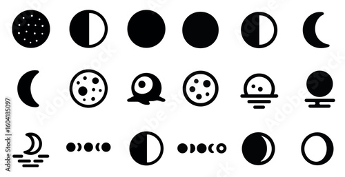 Moon phases solid icons set – filled, celestial and lunar symbols