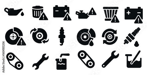 Car maintenance solid icons set – flat, filled, automotive and repair symbols