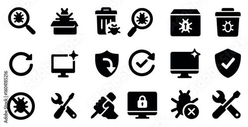 Antivirus and security icons set – solid, filled, malware and protection symbols