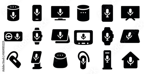 Smart speaker and voice control solid icons set – filled, device and tech symbols