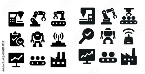 Industrial and robotics solid icons set – filled, factory automation symbols