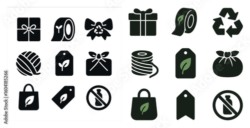 Eco-friendly gifts solid icons set – sustainable, green packaging symbols