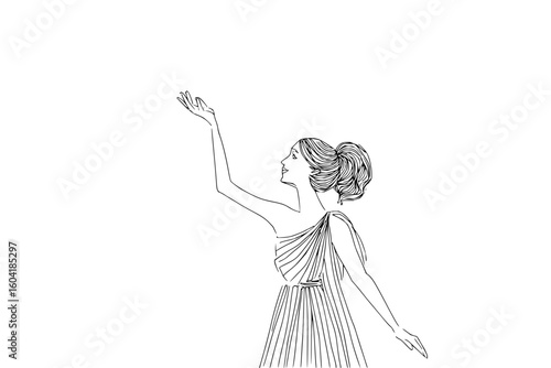 A woman in a toga with her arm raised in a black and white sketch style illustration on white background